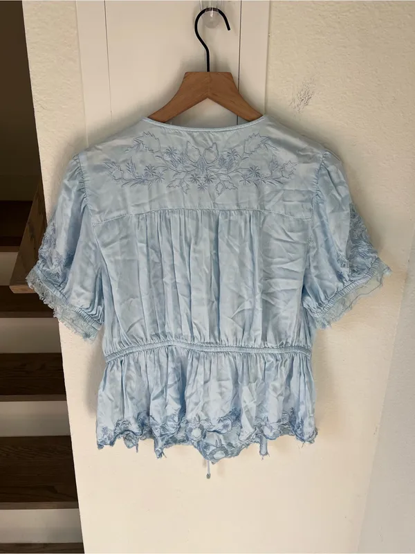 By Anthropologie Embroidered V-Neck Peplum Blouse Top in Nantucket Breeze Blue - Image 5