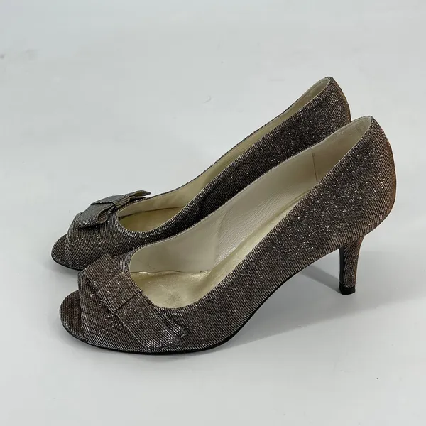 Stuart Weitzman Bronze Sparkle Peep Toe Bow Heels Evening Party‎ Shoes Formal - Image 2
