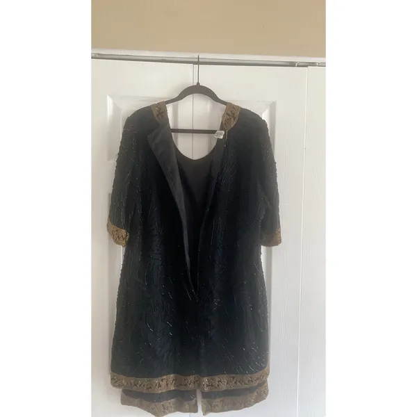 Brilliante by J.A. Vintage Beaded Shift Dress Womens L Black Gold Evening Silk L - Image 8