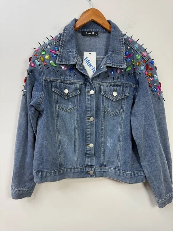 Blue B Collection Denim Jacket with Colorful Rhinestones and Spikes, Size M - Image 3