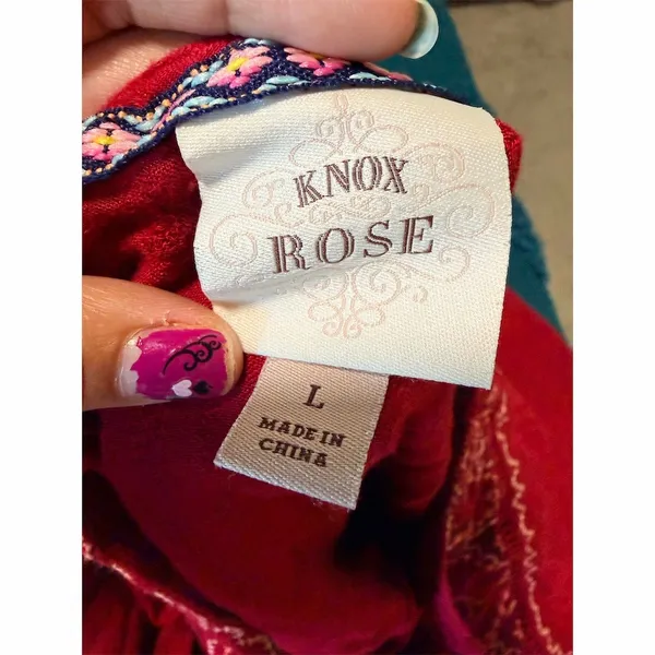 Knox Rose Blouse Womens L Burgundy Boho Embroidered Tunic Split Neck 3/4 - Image 2