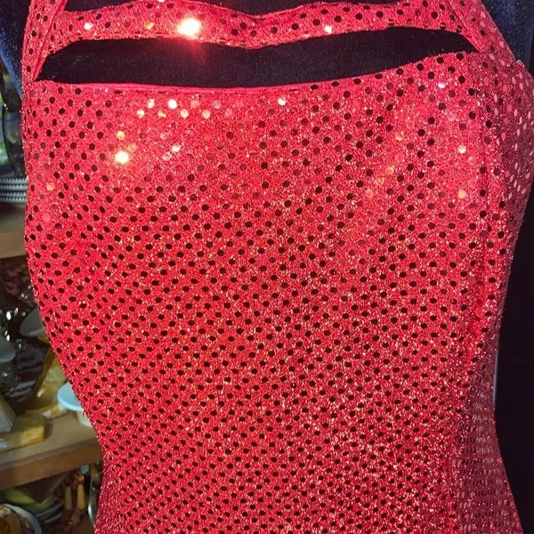 Sexy Retro Vintage 90s Red Sequin Floor Length Formal Gown Halter Neck Leg Slit - Image 5