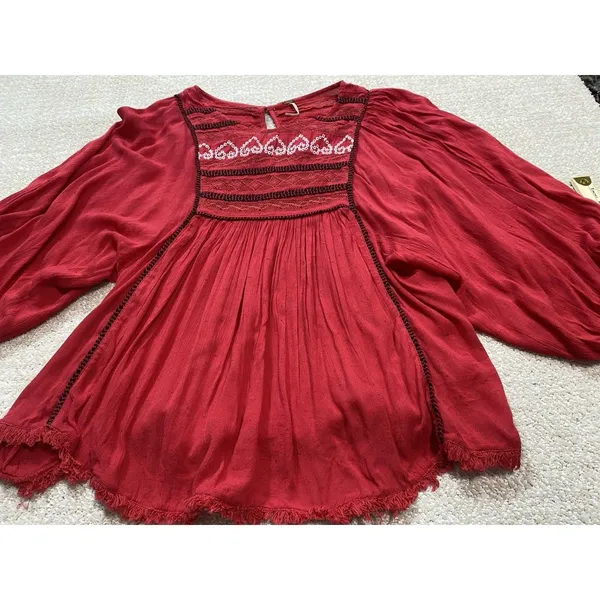 Free People Red Boho Embroidered Lace Peasant Top Women’s Size S/p - Image 14
