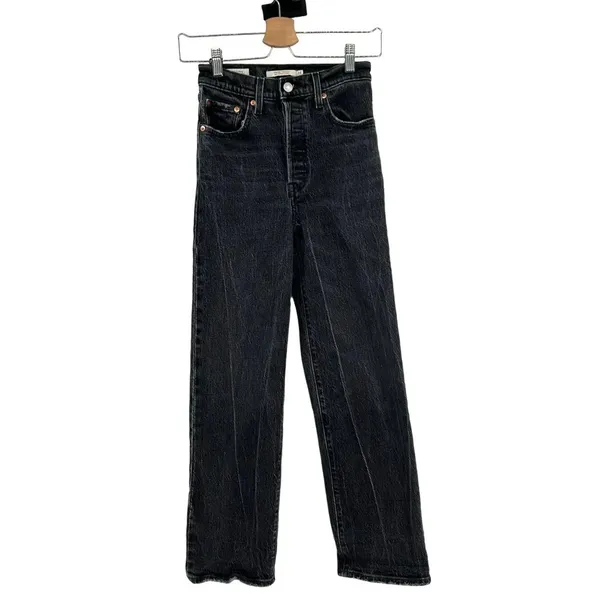 Levi's Ribcage Straight Ankle Jeans Charcoal Gray Black Wash Size 24‎ - Image 3