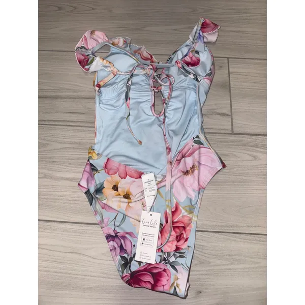 Cupshe Floral Ruffle One Piece Swimsuit Blue Pink Lace Up V-Neck Small NWT - Image 3