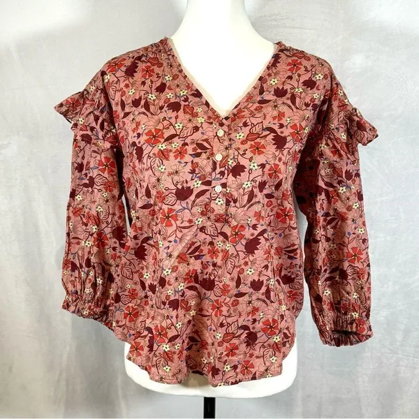 100% cotton pink rose floral oversized ruffle top size XS NWOT - Image 5