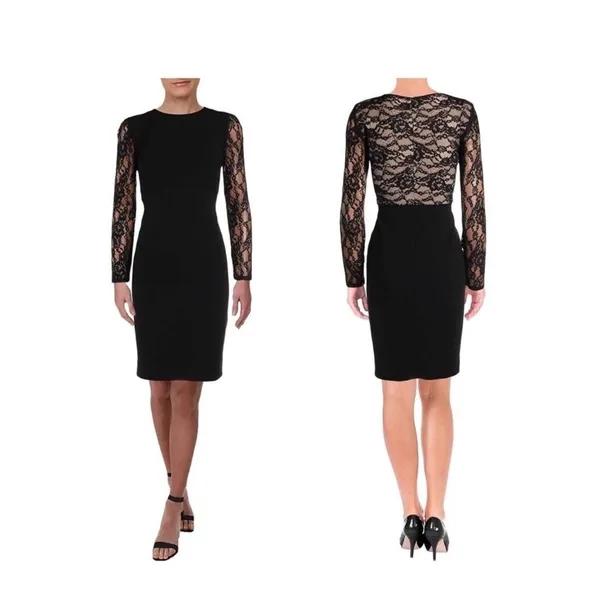 Ralph Lauren Cocktail Dress Women‎ 12 Keanu Lace Inset Long Slv Black Formal NWT - Image 2