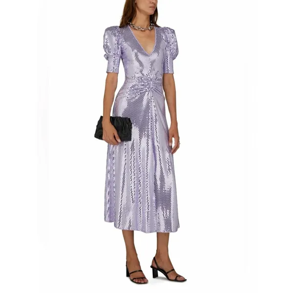 NWT ROTATE Birger Christensen Sierina Sequin Puff Sleeve Ruched Dress Lavender 0 - Image 3