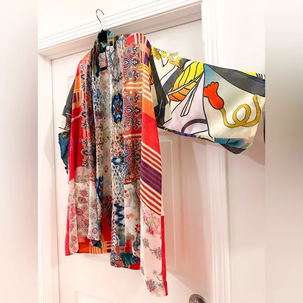 Johnny Was Johnny Was Patchwork Print Multicolor Silk Kimono Top Oversized Sz L - Image 6