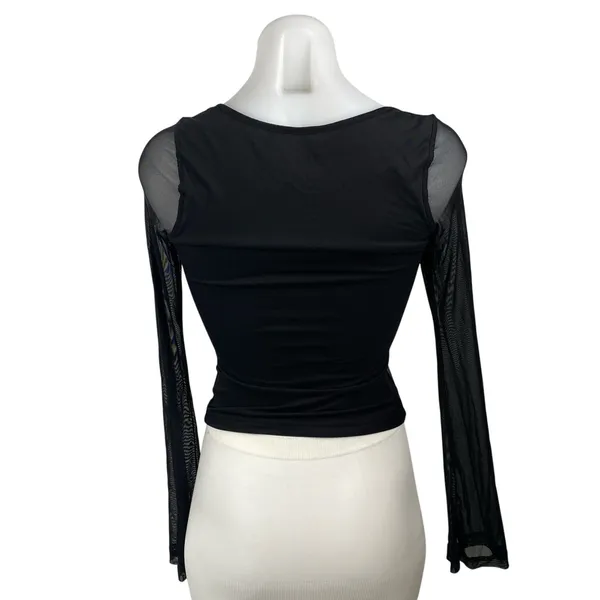 Princess Polly Women's Black Sheer Mesh Long Sleeve Tie Neck Crop Blouse Top 2 - Image 4