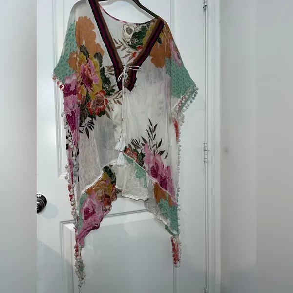 Z&L Europe Floral Textured Pom-Pom Open Front Pattern Airy Caftan Cover Up Sz L - Image 11