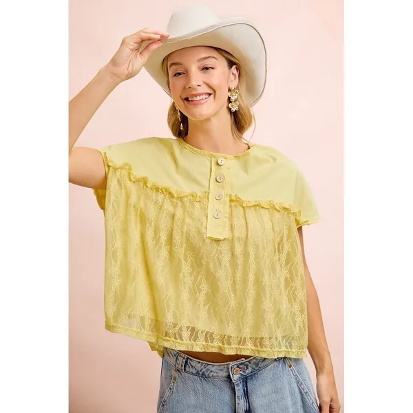 BiBi Solid Jersey With Lace Combo Ruffled Buttoned Top - Image 6
