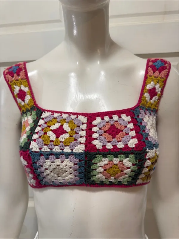 Farm Rio Anthropologie Crochet Cropped Granny Square Pullover Top Shirt XS - Image 2