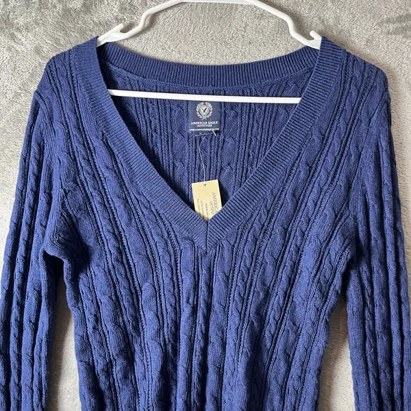 American Eagle Navy Y2K Preppy Cable Knit Sweater Classic‎ Preppy Size Large New - Image 6