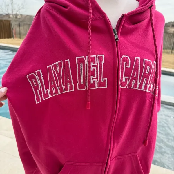 Playa Del Carmen Pink Zip-Up Hoodie with Embroidered Logo Size XL - Image 3