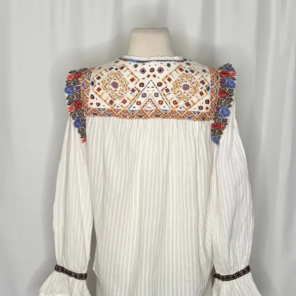 ANTIK BATIK Bernadette Embroidered Cotton Blouse White Boho Bohemian Small 38 - Image 10