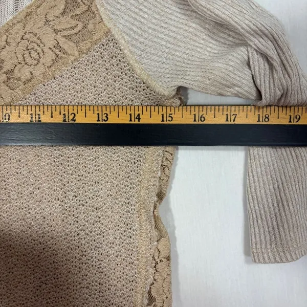 Free People We The Free Top Beige Lace Mixed Media Boho Waffle‎ Knit Casual M/L - Image 6