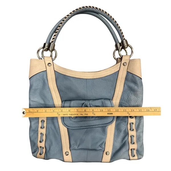 B. Makowsky Blue and Cream Shoulder leather laptop message Bag leopard lining - Image 7