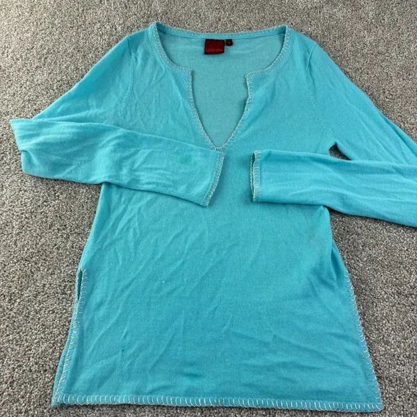 Bohemian‎ Turquoise Cashmere Sweater Spit V Neck Whipstitch Trim Women M Coastal - Image 9