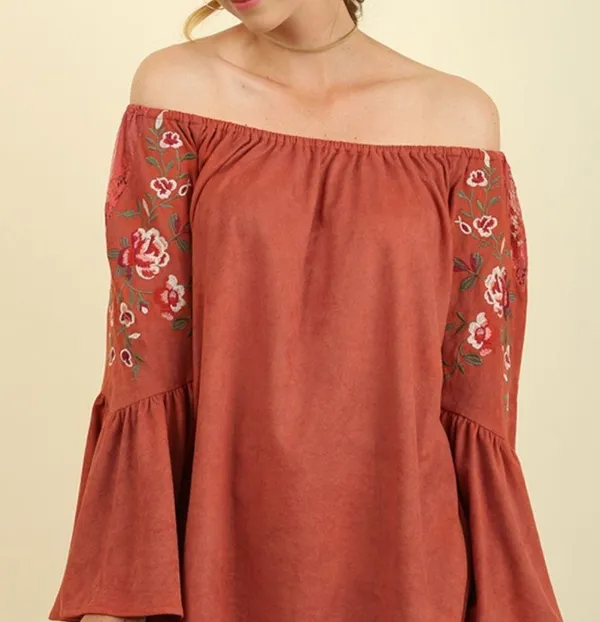 Umgee medium off the shoulder boho bell sleeve top lace & embroidered floral top - Image 2