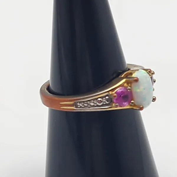 Kiran Jewelers Gold Tone White Fire Opal, Pink Topaz, & Diamond Ring (7) - Image 3