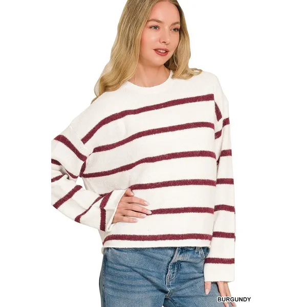 Zenana Wool Blend Striped Sweater - Burgundy - Medium - Image 2