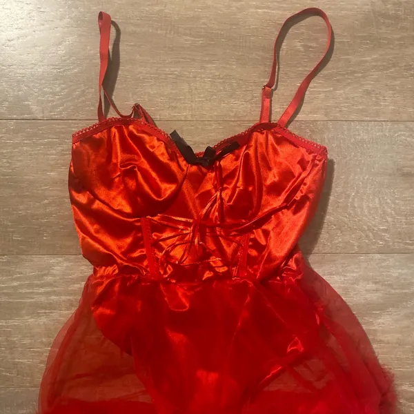 Little red riding Devil lace up corset bodysuit sheer feather skirt bra lingerie set S NEW - Image 2