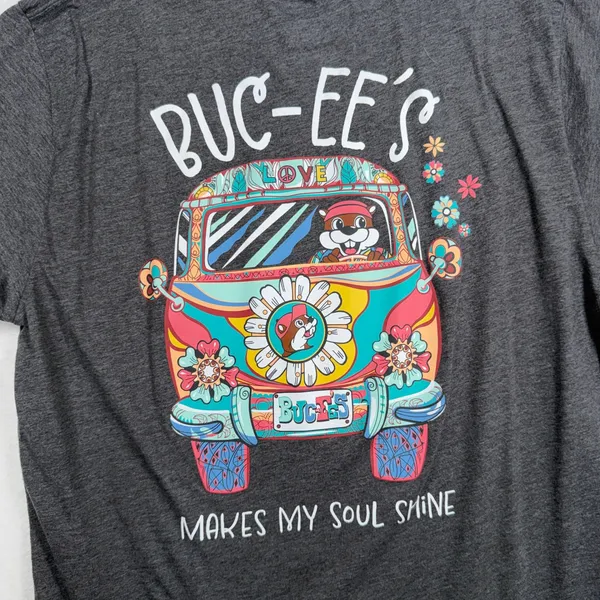 Buc-ee's Large T-Shirt Gray Hippie Van Daisy Peace Soul Shine Graphic Tee Retro - Image 6