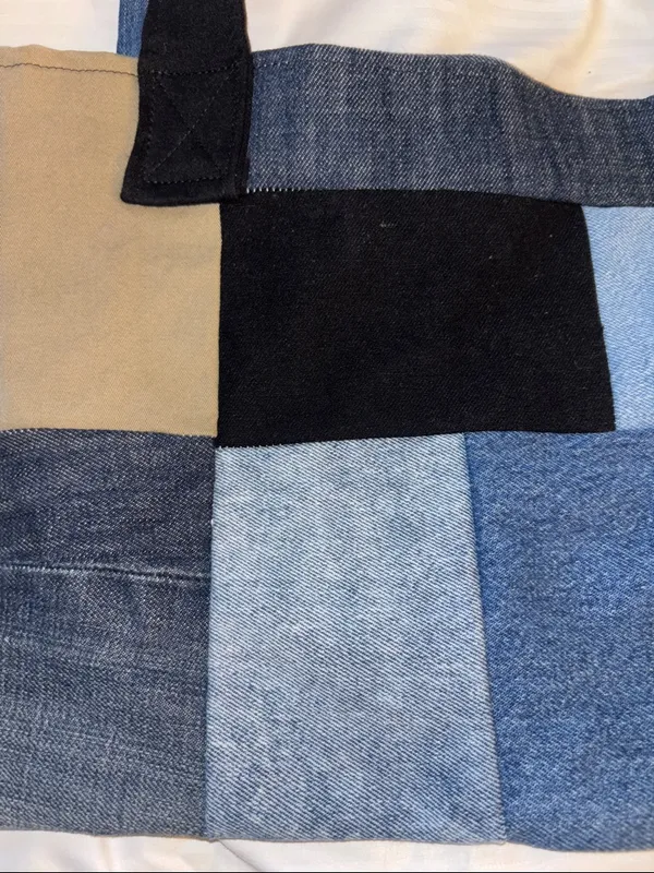Denim Tote Bag Made Up Of All Different Swatches Of Denim Pocket On The Outside - Image 4