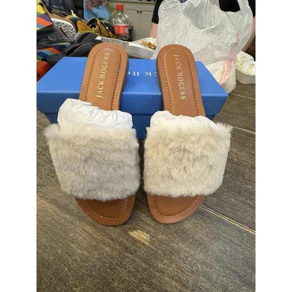NEW Jack Rogers Faux Fur Sabrina Slide TAN NATURAL SLIP ON SANDAL SIZE 9 - Image 3