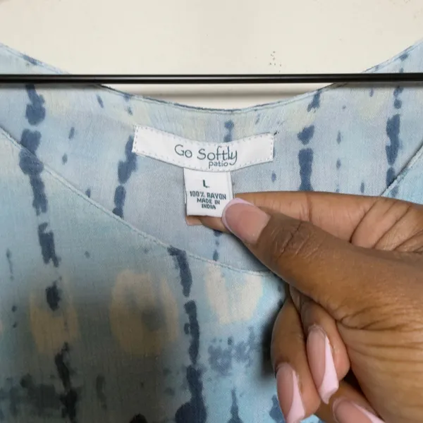 Go Softly Patio Women MIdi Dress L Blue‎ Tie Dye Shibori Rayon Short Sleeve Boho - Image 4