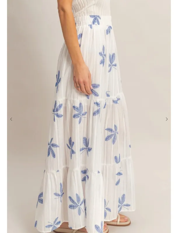 HYFVE Blue Botanical Vacation Tiered Maxi Skirt Side Slit Large - Image 3