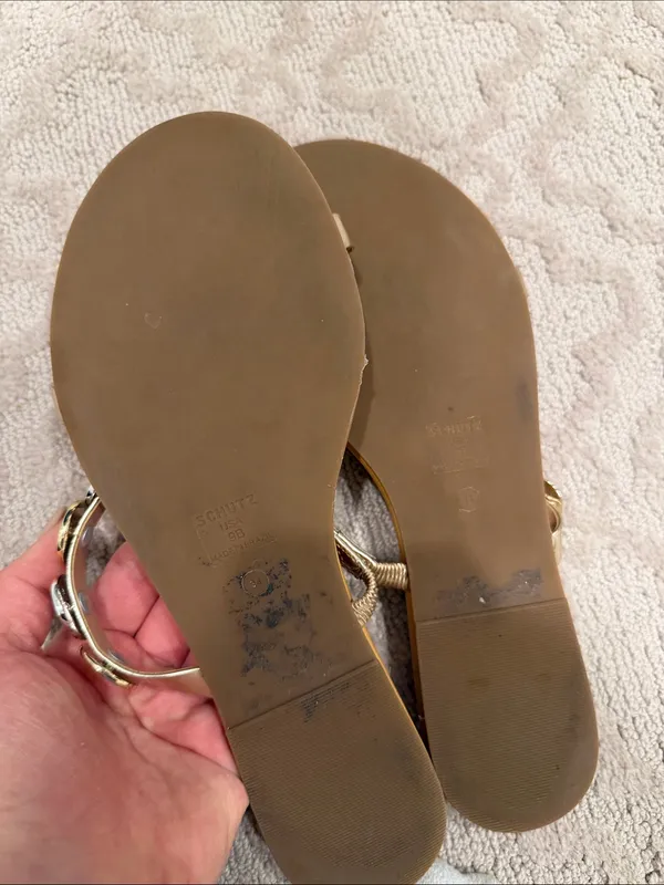 SCHUTZ Gold Leather Slide Sandals with Decorative Metallic Discs size 9 - Image 3