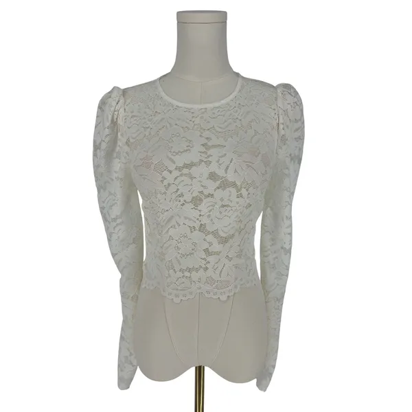 Generation Love White Floral Lace Puff Sleeve Cropped Top Size XXS - Image 2