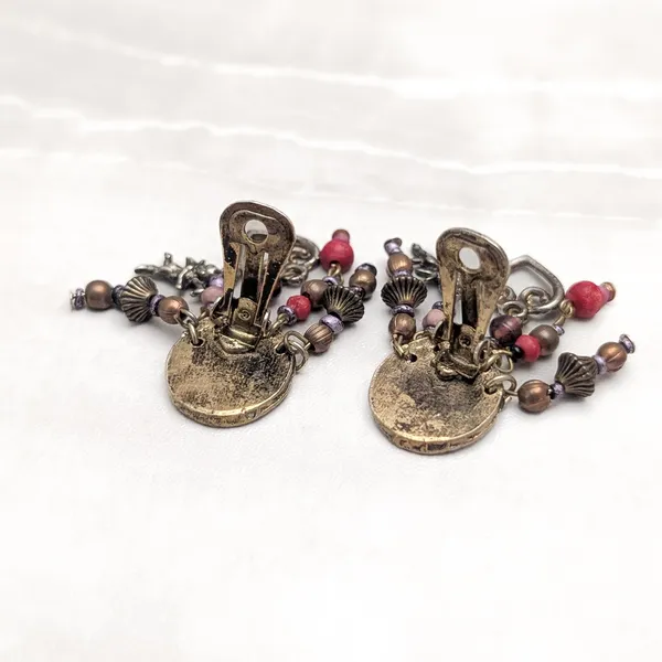 Vintage Clip On Earrings Statement Dark Gold Tone with Charms & Red/Brown Beads - Image 4