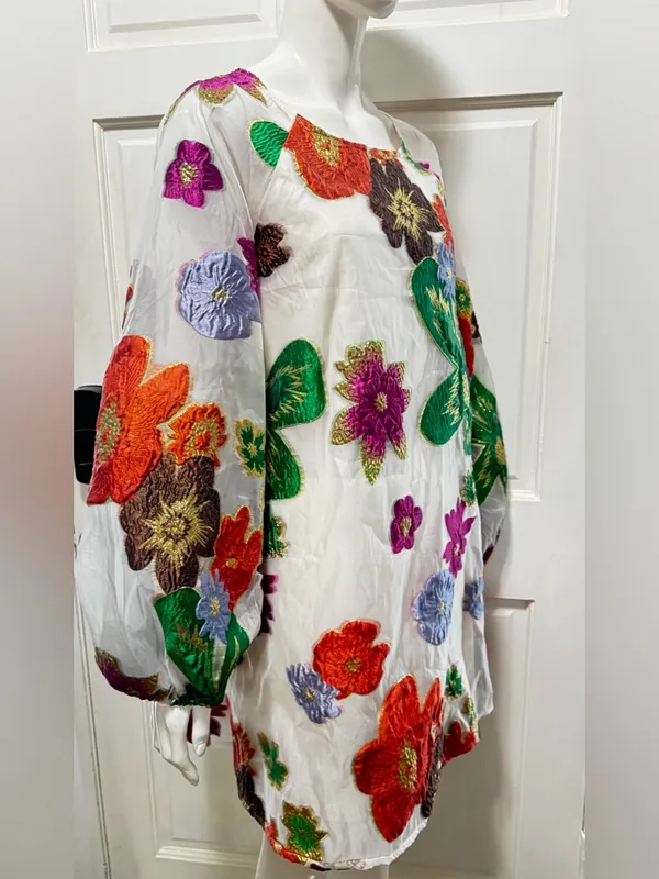 En Crème Floral Organza Bubble Sleeve Mini Dress long sleeve womens Sz Medium - Image 4