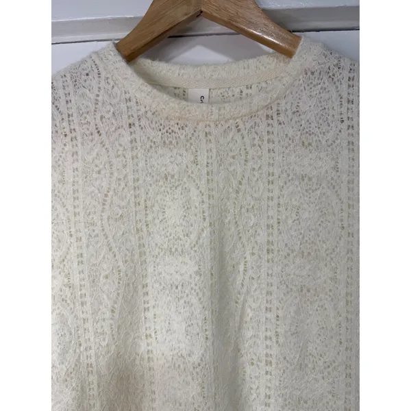 Commense Cream Lace Knit Long Sleeve Crew Neck Fuzzy Top NWOT - Image 9