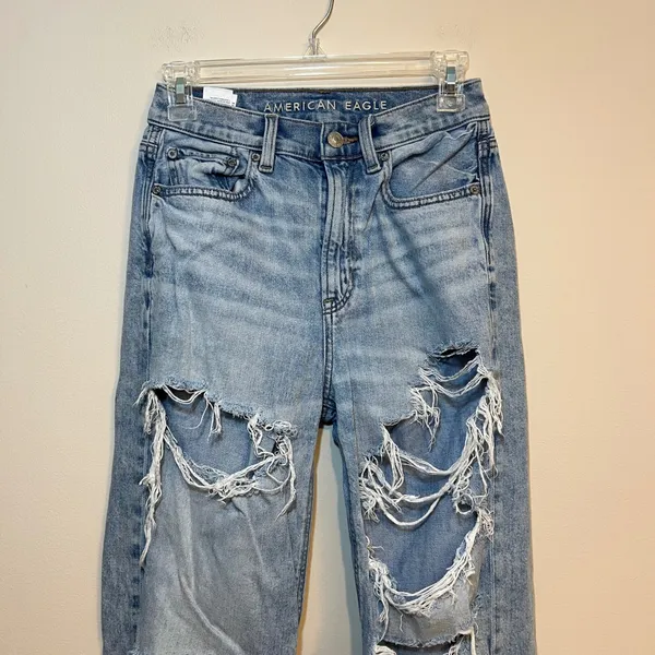 American Eagle Jeans High Rise Baggy Straight Distressed Light Wash‎ 00 Grunge - Image 3