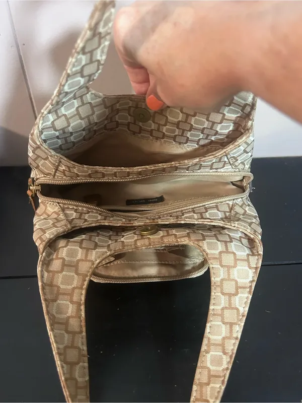 Nine West Beige Jacquard Mini Hobo Shoulder Bag Tan Zip Organizer Purse - Image 7
