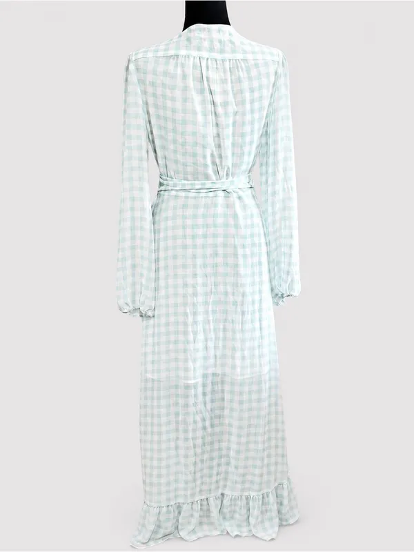 WAYF Blue White Gingham Wrap Ruffle Hi Low Midi Dress NWT M Cottagecore - Image 9