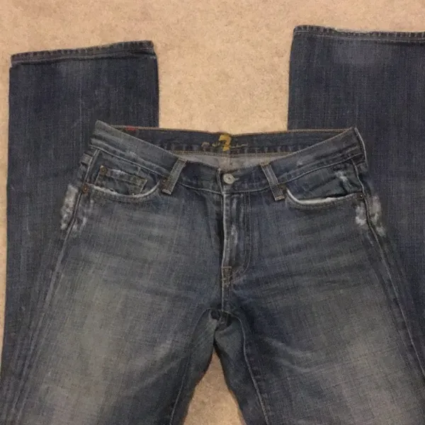 7 For All Mankind Distressed Blue Boot Cut Jeans - Image 2