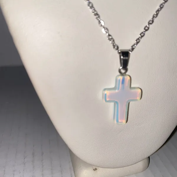 Women's Faux Iridescent Opal Cross Silver-Tone Fashion Necklace - Image 3