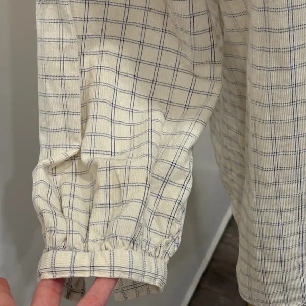 Fat Face Corduroy Ruffle Bib‎ Blouse Cream Blue Windowpane Plaid Size 4 Cottage - Image 5