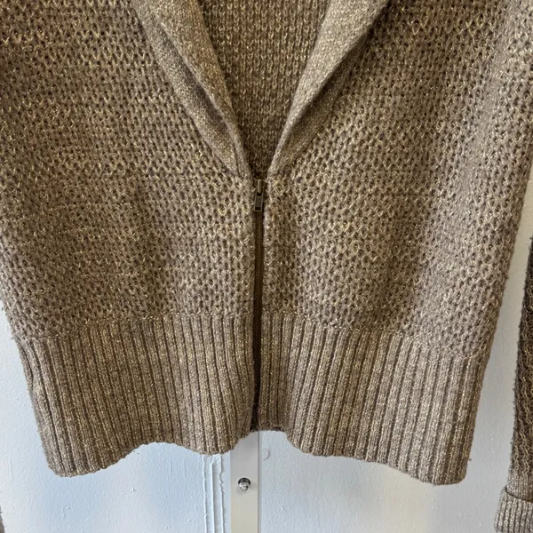LOFT Bronze Metallic Shawl Collar Zip Up Cardigan Sweater Medium Knit Wool Blend - Image 4