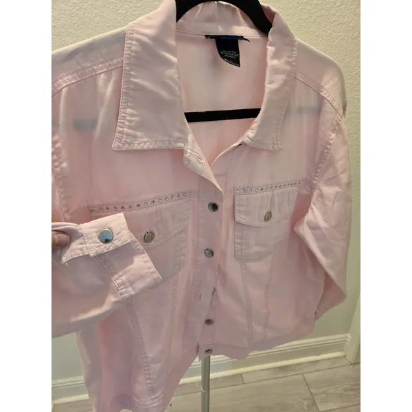 Las Olas Vintage Pink Denim Jacket Rhinestone Studded Y2K Jean Coat Women Size L - Image 3