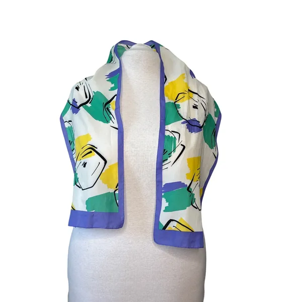 Vintage White Purple Wrap Scarf Rectangle Geometric Colorful 53"‎ X 10" - Image 2