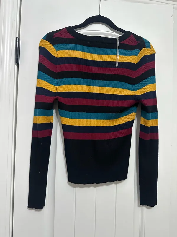 Red Teal Mustard Stripe Crop Sweater Multiple Size XL - Image 3