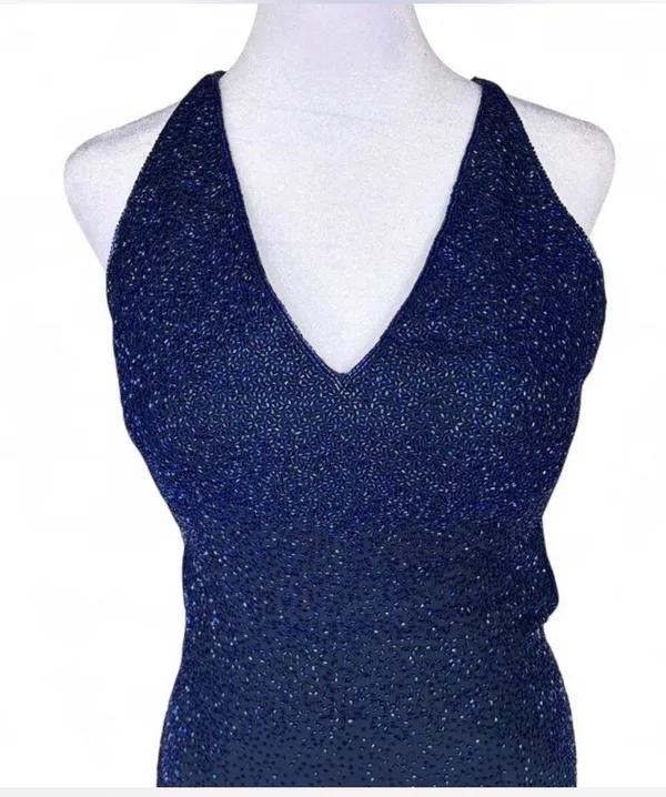 Scala Y2K Midnight Blue Silk Beaded Backless Halter Gown - Image 4