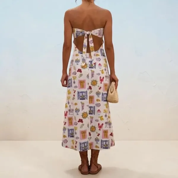 Japna Strapless Maxi Dress XS Mediterranean Greece Coastal Print Linen Blend NWT - Image 4