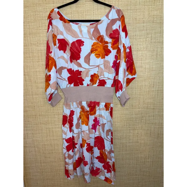 Maeve Anthropologie Floral Smocked Waist Midi Dress Red Orange White Size L‎ - Image 2